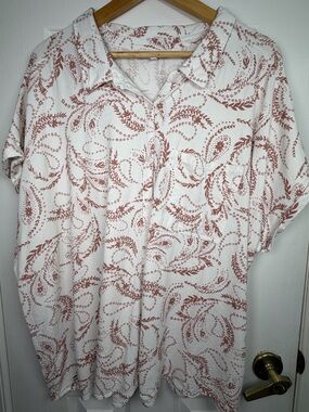 myStyle Cream Rust Leaf Print Linen Blend Button Down Shirt Women's 3X Coastal